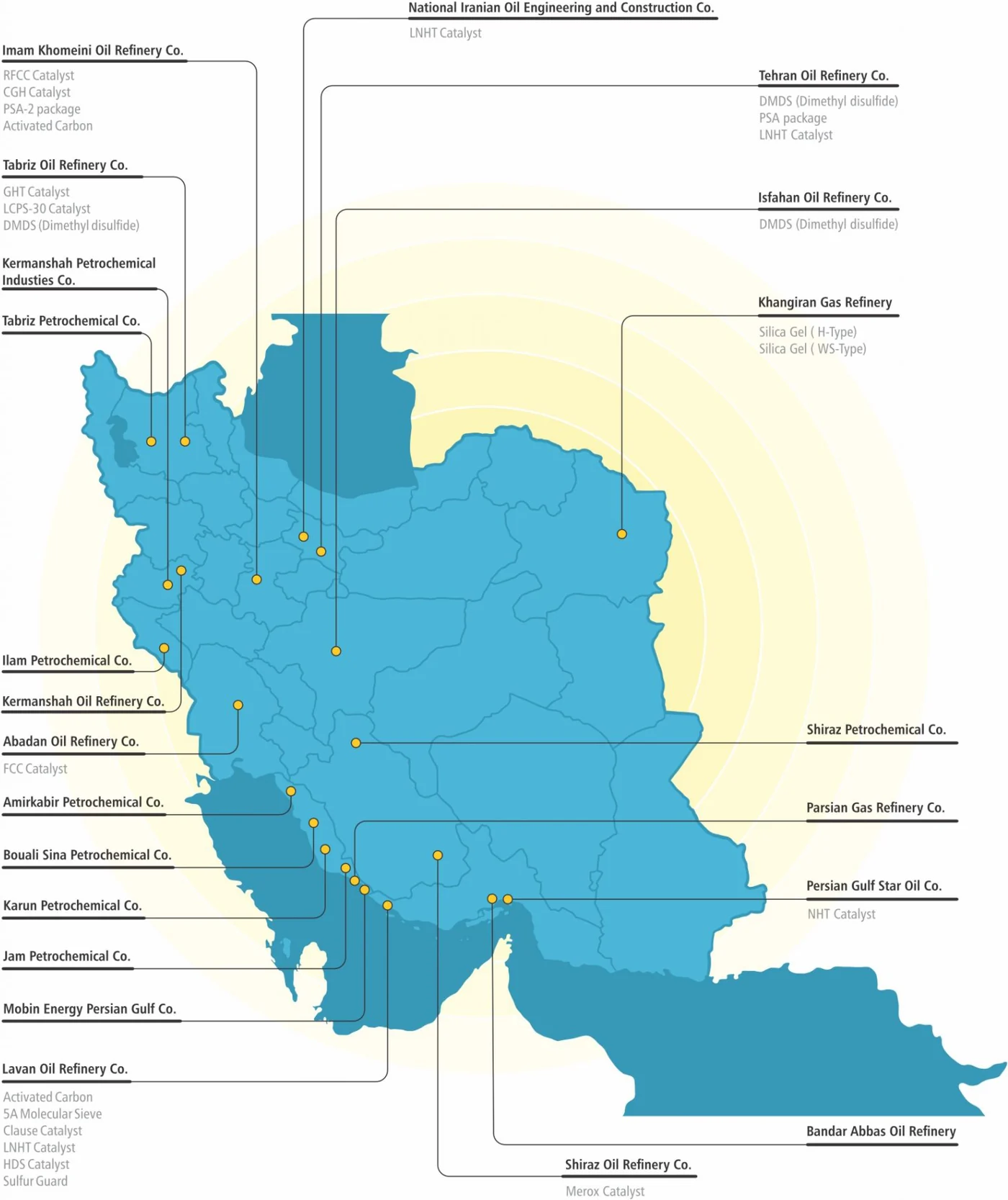 Map of Iran marking the refinery and petrochemical sites supplied by Sarv Catalyst.